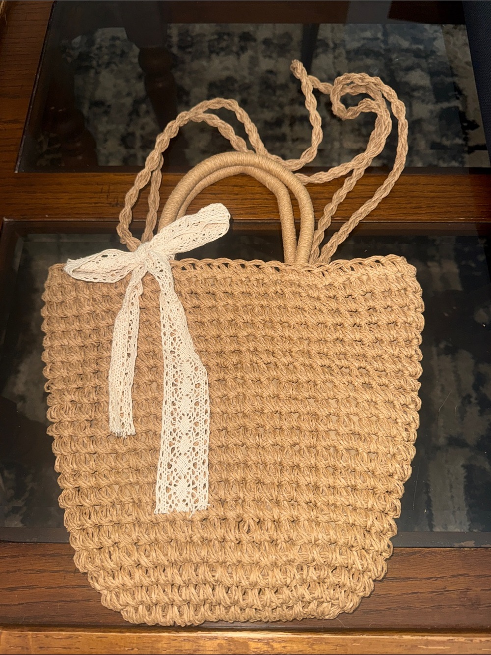 Handwoven Straw Tote Bag with Lace Bow - Tan